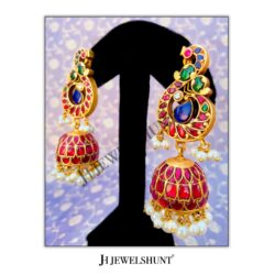 Alternative view of Peacock Studs With Kundan Jhumkas With Hanging Pearls
