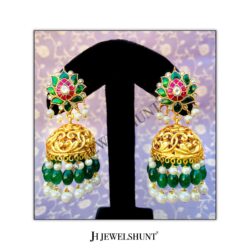 Lotus Kundan Studs With Nakashi Jhumkas With Hanging Green Beads and Pearls