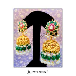 Alternative view of Lotus Kundan Studs With Nakashi Jhumkas With Hanging Green Beads and Pearls