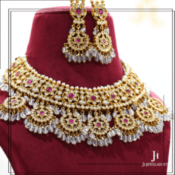 White Kundan Jadau Bridal Necklace With Earring with Rose quartz beads